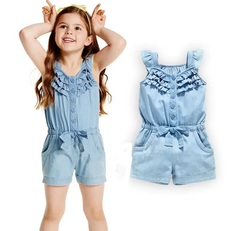 New Small and Medium-Sized Girls Denim Short Sleeve Jumpsuit