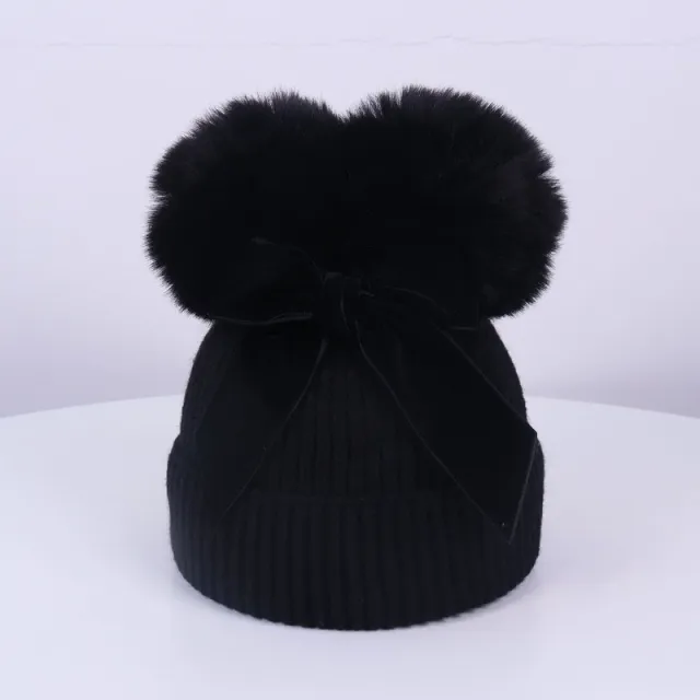 Double Ball Bow Knit Hat For Thick And Warm Black - Shop at LoveMi