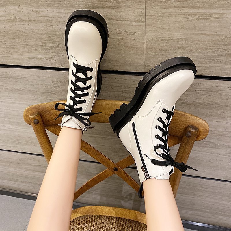 British Wind Locomotive Boots With Thick Soles And Versatile White Short Boots