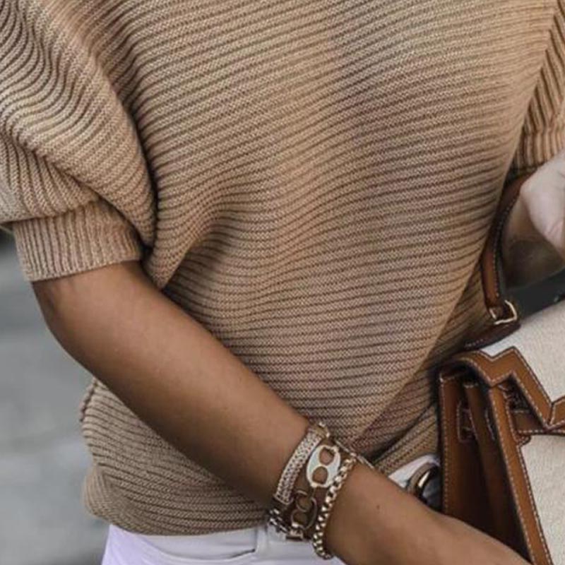 Women's Khaki One-line Neck Sleeve Sweater