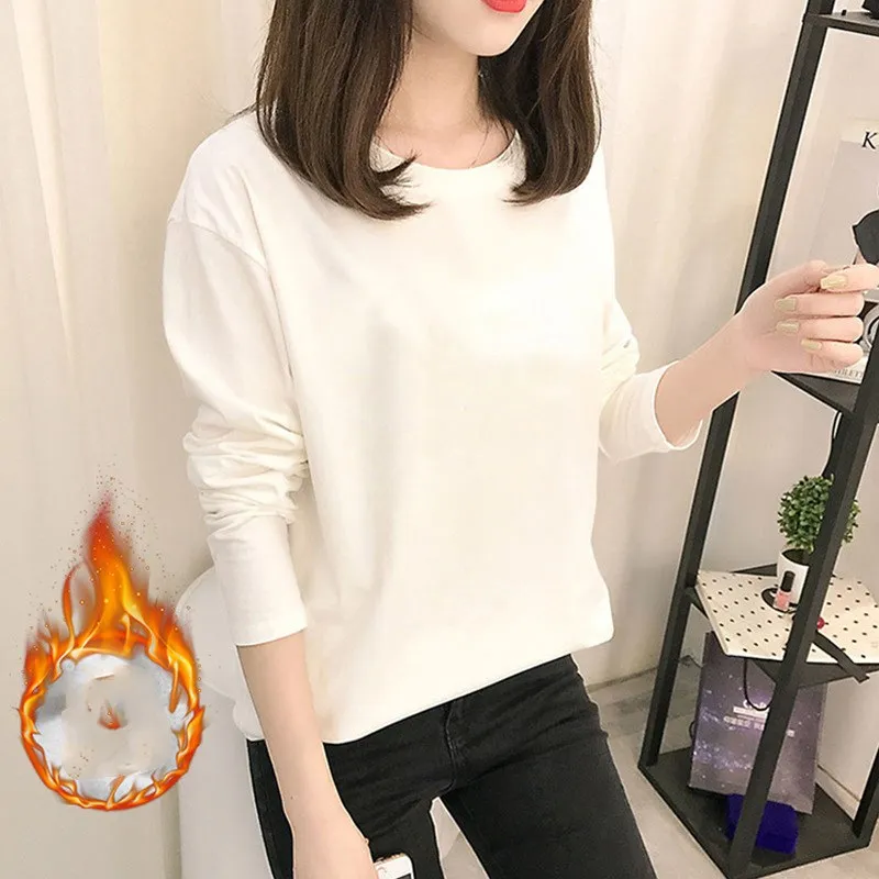 New Velvet Padded Long-Sleeved Women's Bottoming Shirt - A White