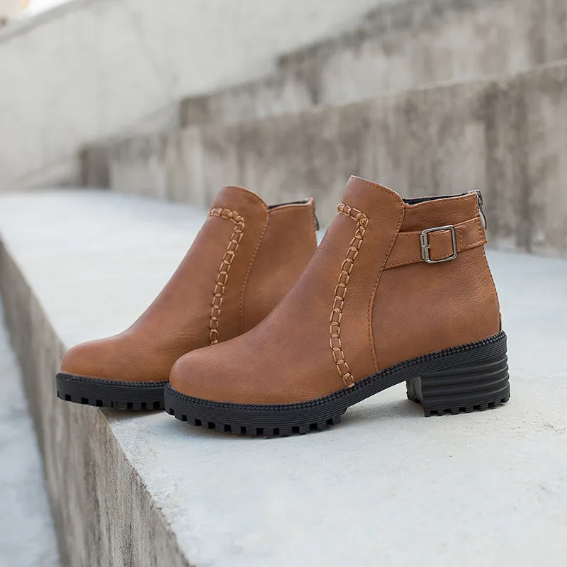 Large Size Martin Boots Women's Thick And Low Heel Fashion All-match Non-slip Casual Short Boots - Brown