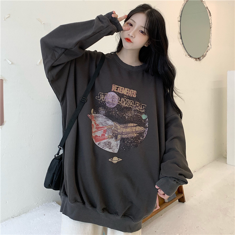 Women's Long-Sleeved Jacket Hong Kong Style Retro Printed Gray Plus Velvet Sweater