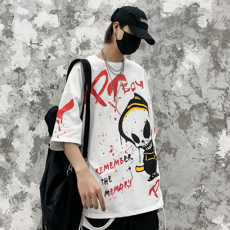 Cartoon Alien Print Loose Couple Half Sleeve Shirt