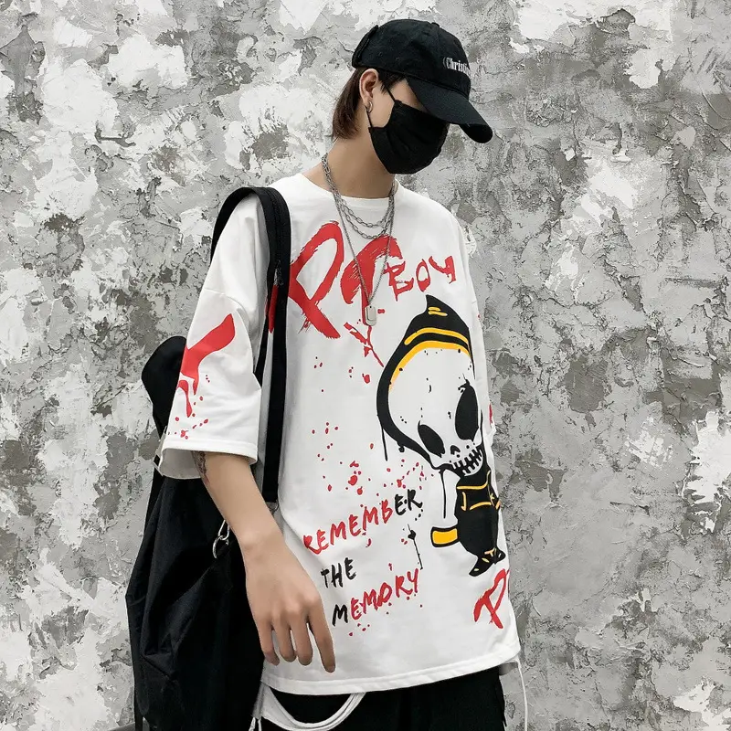 Cartoon Alien Print Loose Couple Half Sleeve Shirt