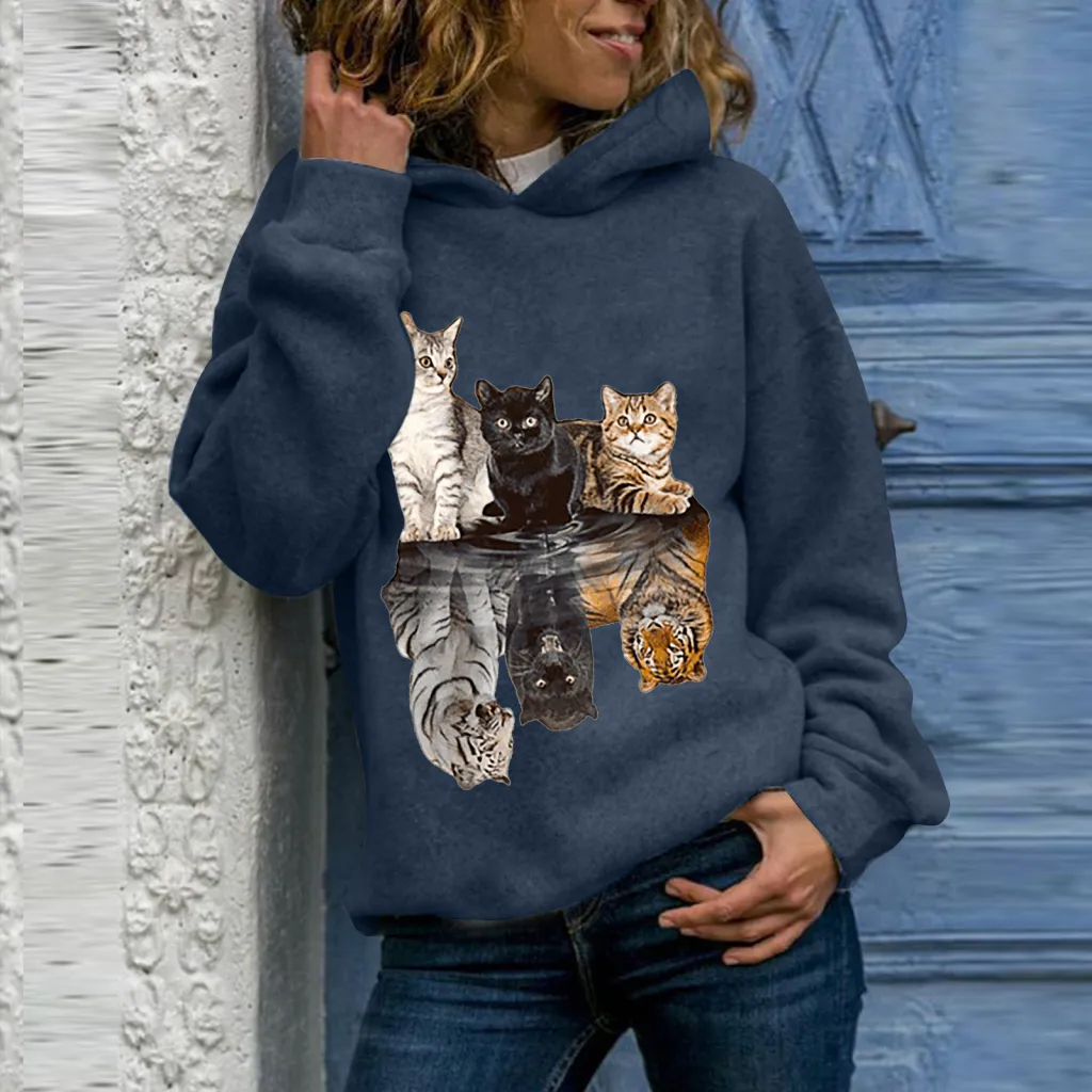 Long Sleeve Turtleneck Animal Print Crew Neck Hoodie - Blue