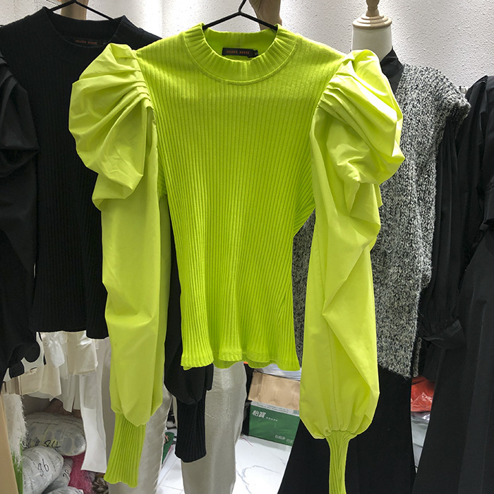 Fashionable Bubble Lantern Sleeve Closed Thread Stitching Shirt