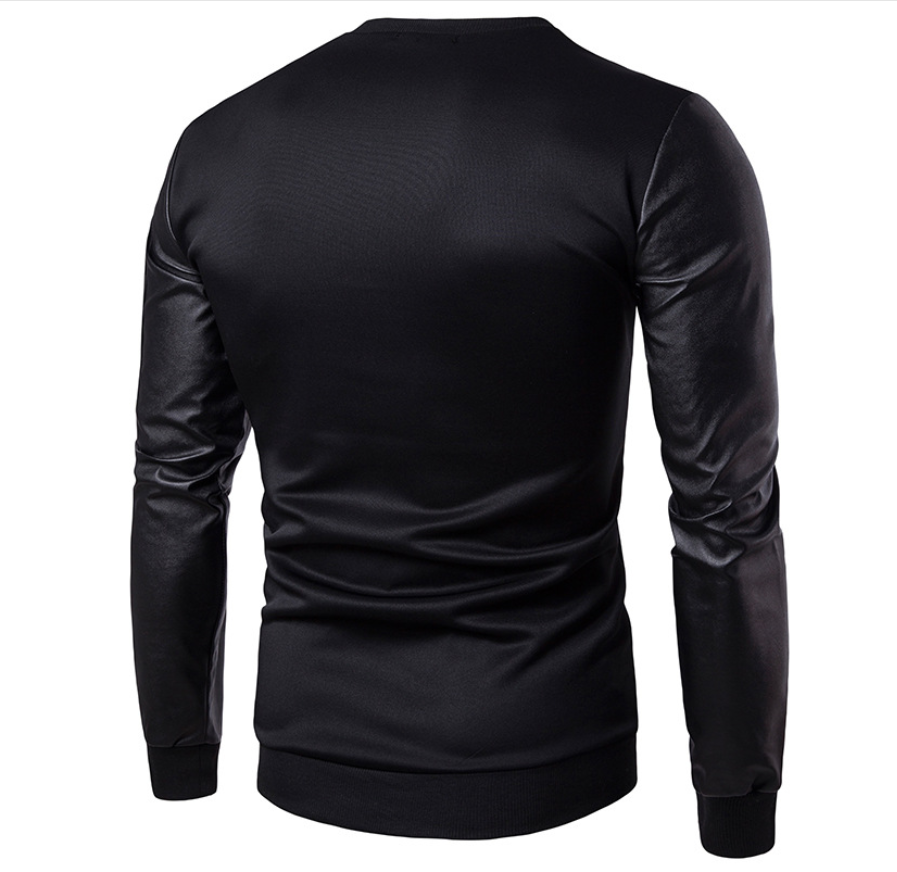 Leather Pocket Decorated Men's Round Neck Long Sleeve Sweater