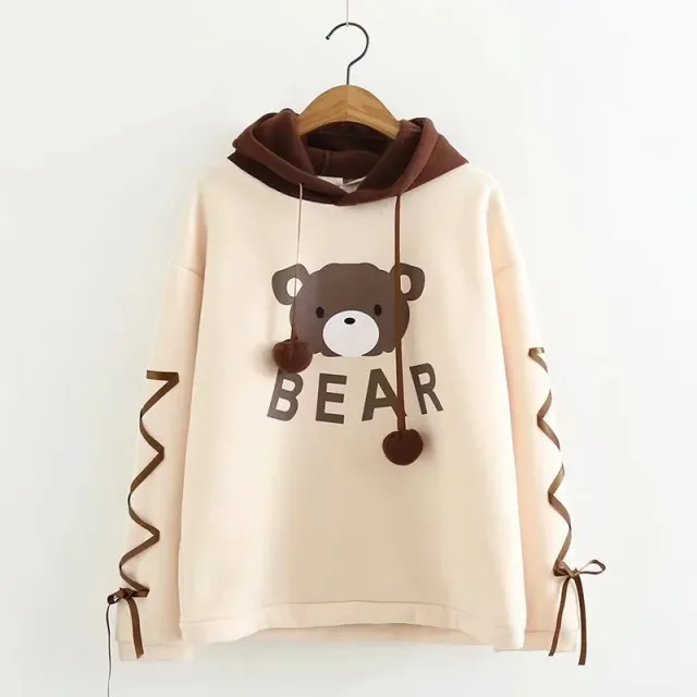 Cute Cartoon Bear Print Plus Velvet Loose Hooded Long Sleeved Sweater Women Khaki - Shop at LoveMi