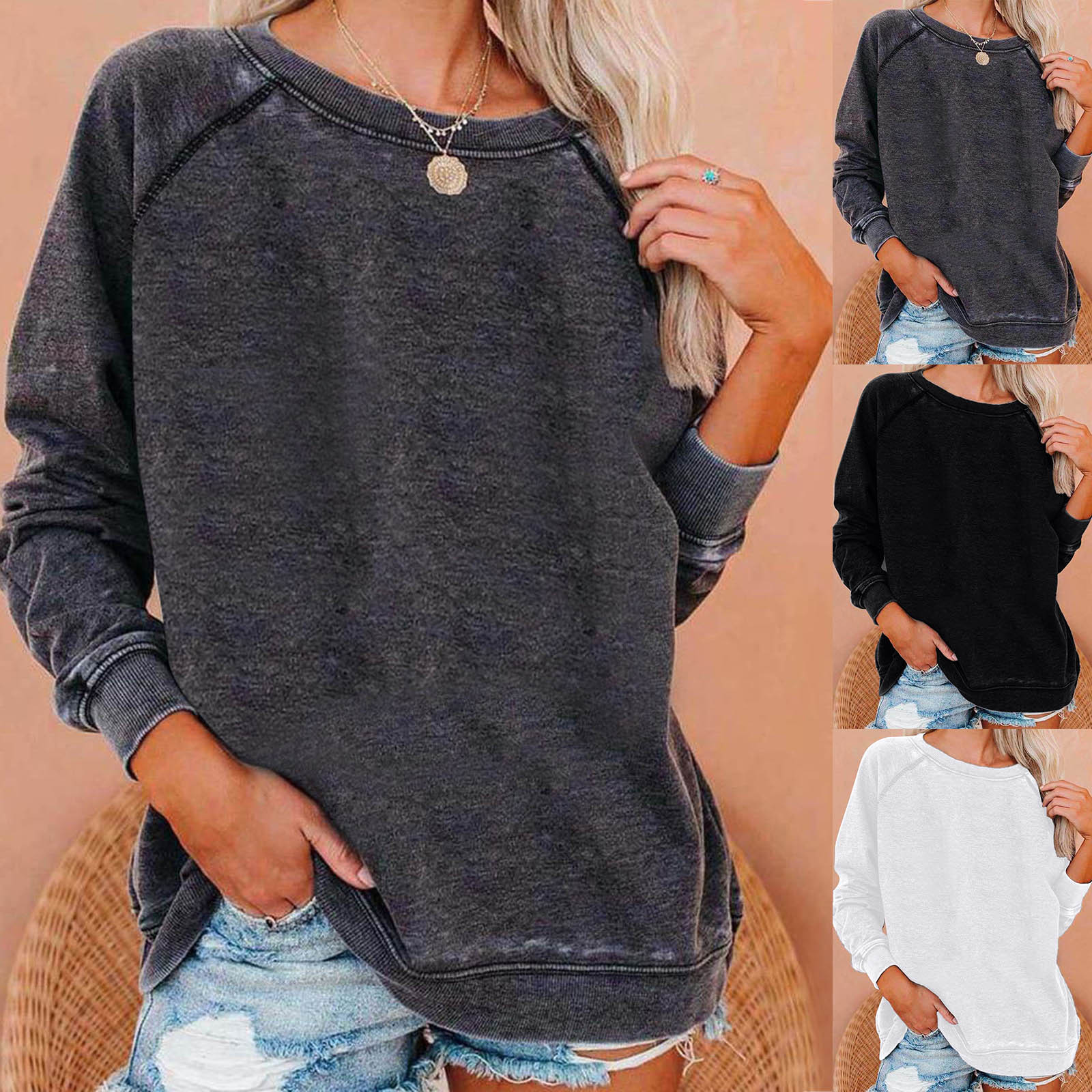 European And American Solid Round Neck Loose Top