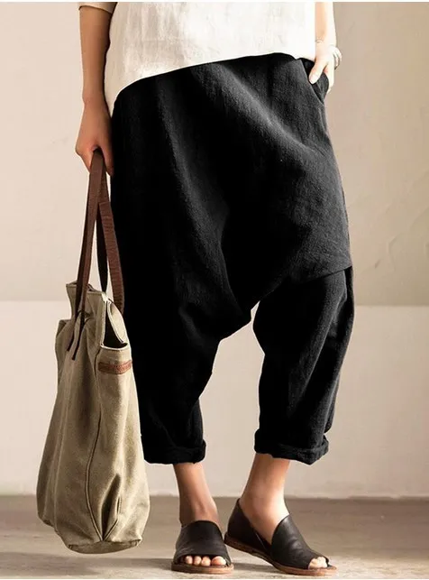 Cotton And Linen Plus Size Drop Harem Crotch Pants Black - Shop at LoveMi