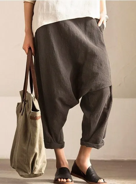 Cotton And Linen Plus Size Drop Harem Crotch Pants Grey - Shop at LoveMi