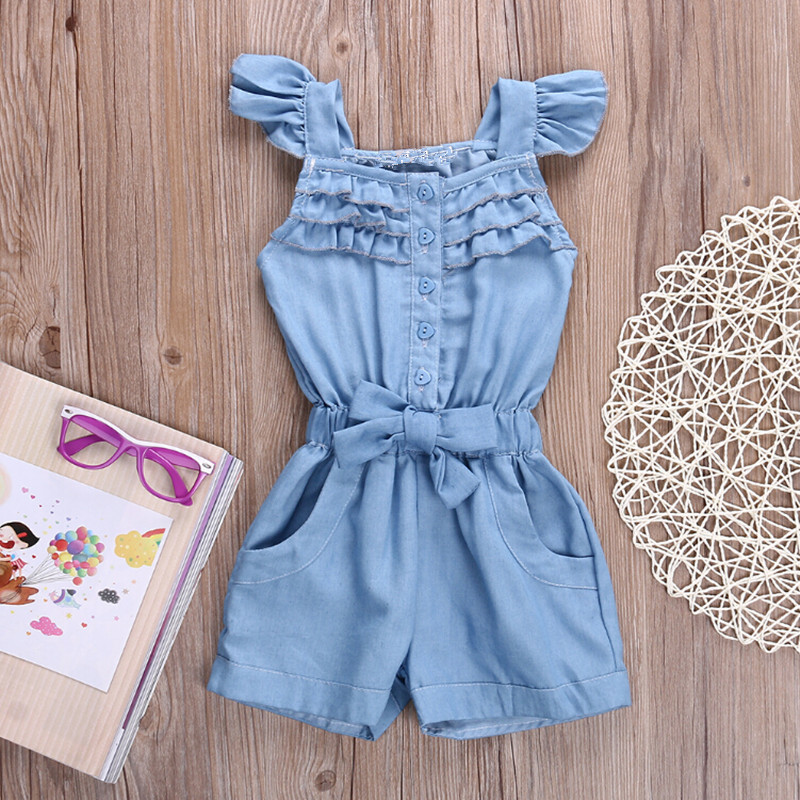 New Small and Medium-Sized Girls Denim Short Sleeve Jumpsuit
