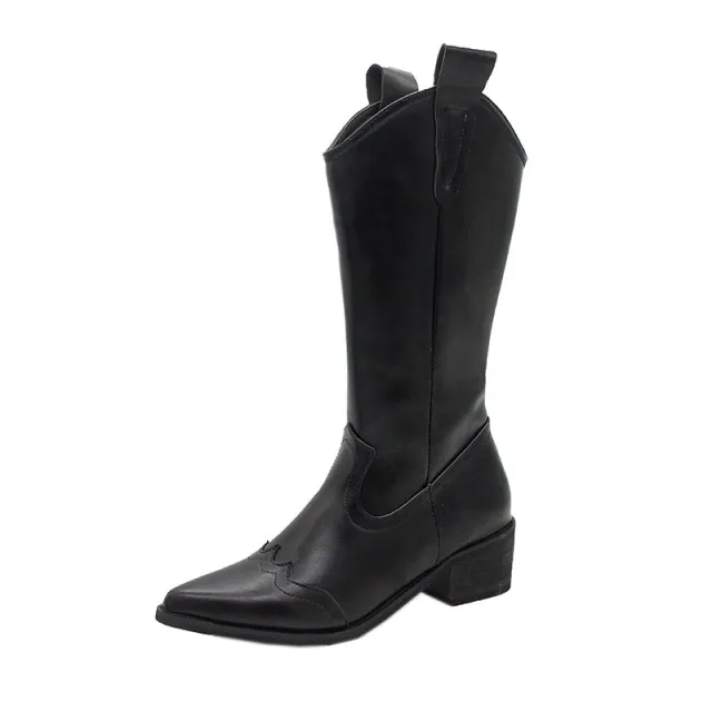 Retro Pointed Toe Thick Heel High Boots Women Black - Shop at LoveMi