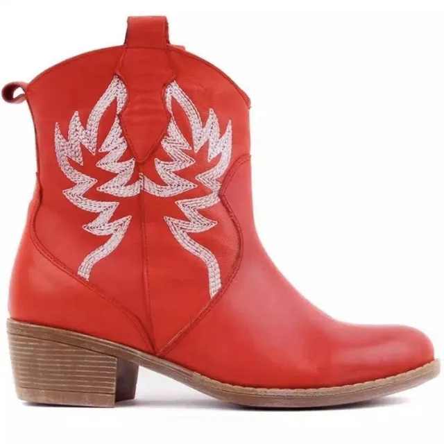 Embroidered Short Barrel Wood Heel Middle Heel Martin Boots Red - Shop at LoveMi