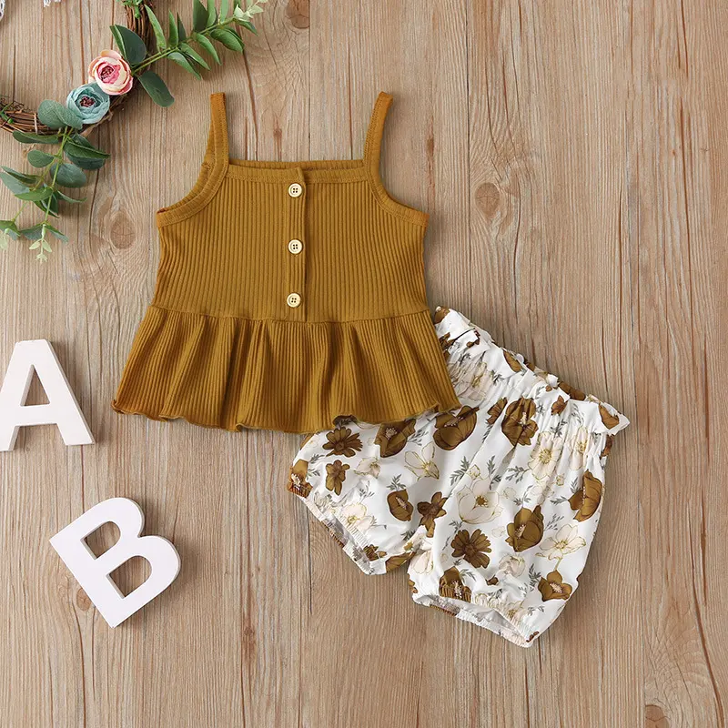 Girls Summer Clothing Set Printed Tank Top Shorts Two-piece
