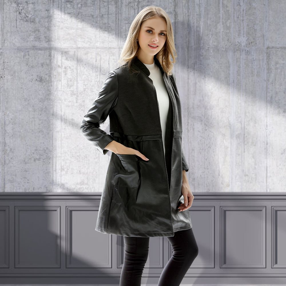 Large Black Long Collar Slim Leather Coat For Lady