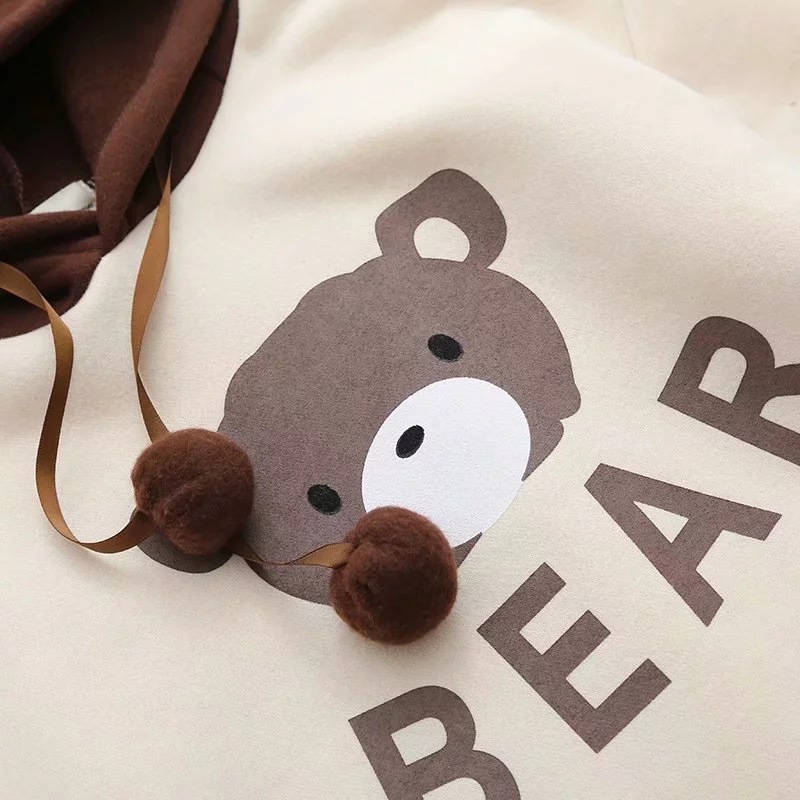 Cute Cartoon Bear Print Plus Velvet Loose Hooded Long Sleeved Sweater Women