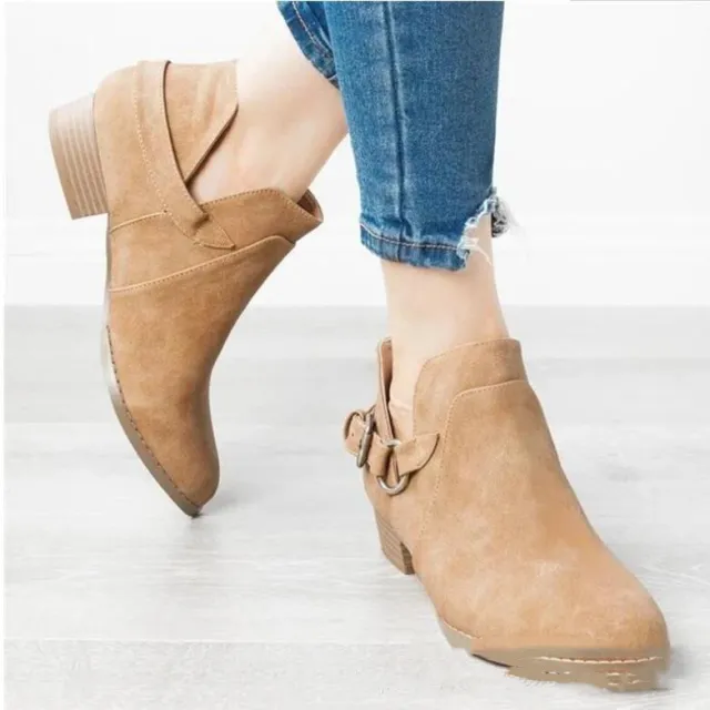 Ladies' Leather Boots With Low Tube Belt Buckle Khaki - Shop at LoveMi