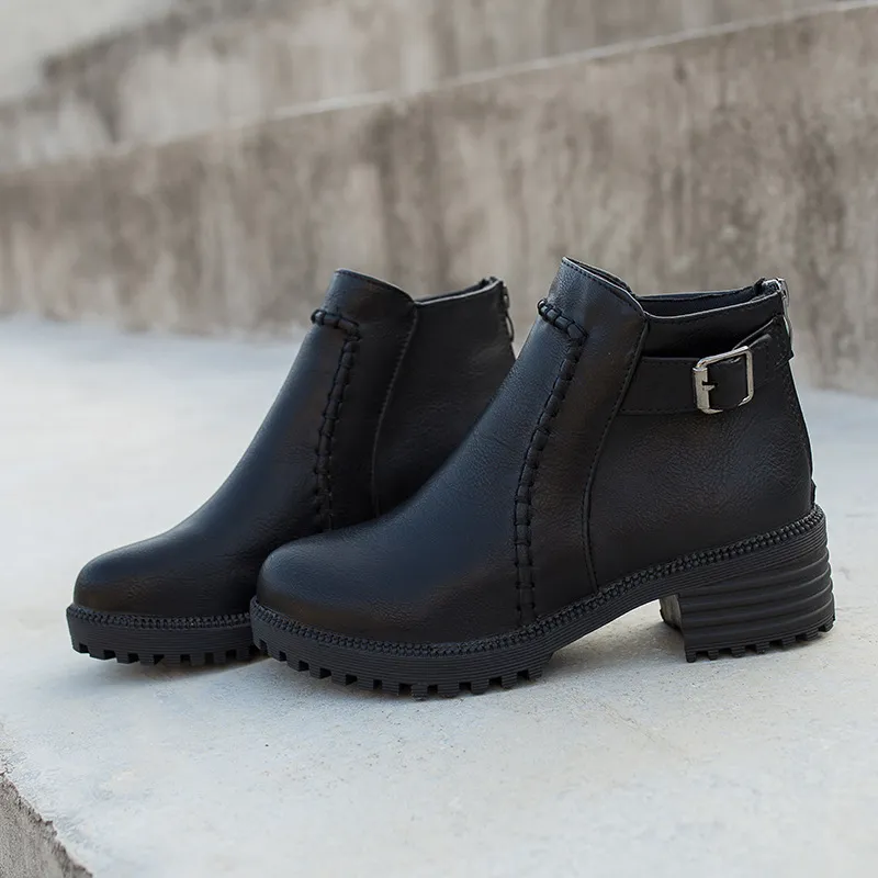 Large Size Martin Boots Women's Thick And Low Heel Fashion All-match Non-slip Casual Short Boots - Black