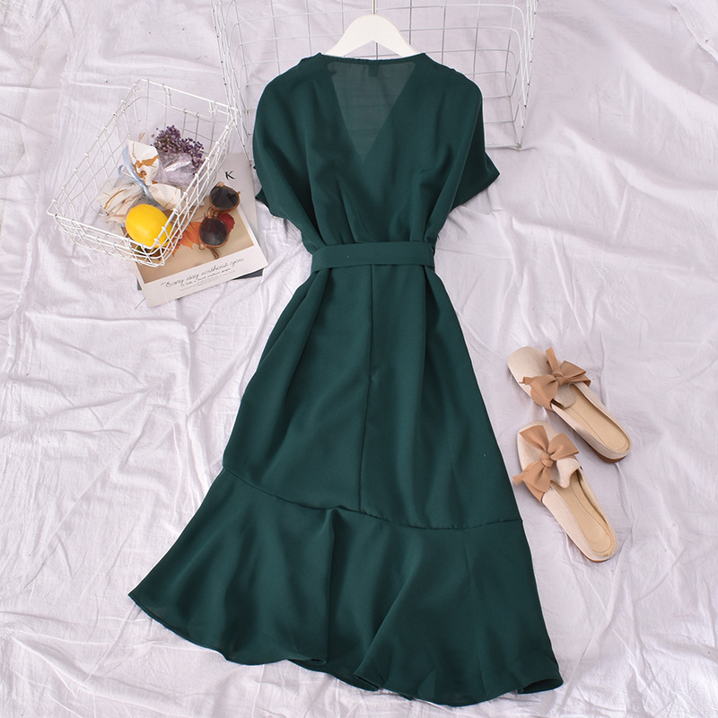 Short Sleeved Chiffon Plain Irregular Skirt