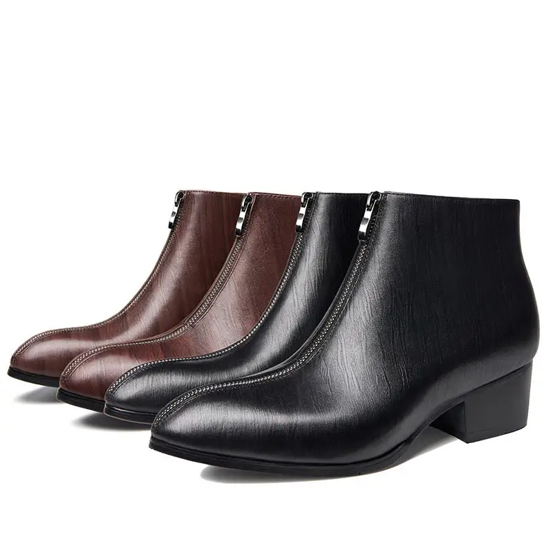 Men's Pointed Toe Leather High-Top Zipper Boots