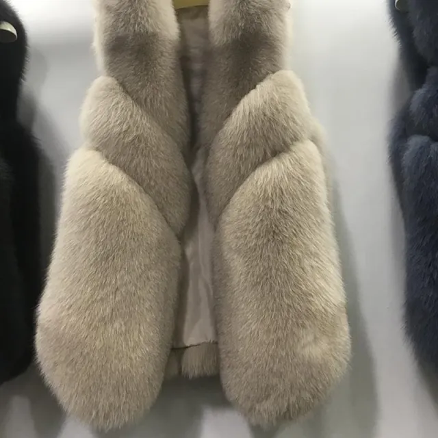 Fashion Mid length Faux Fox Plush Vest Fur Coat Milk Tea Color M - Shop at LoveMi