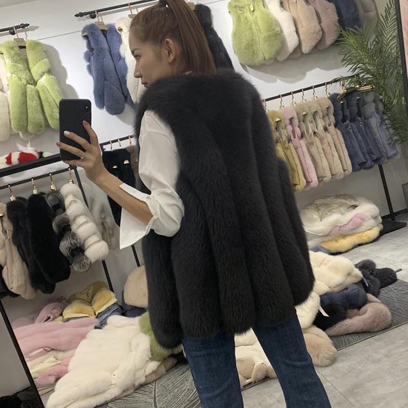 Fashion Mid-length Faux Fox Plush Vest Fur Coat
