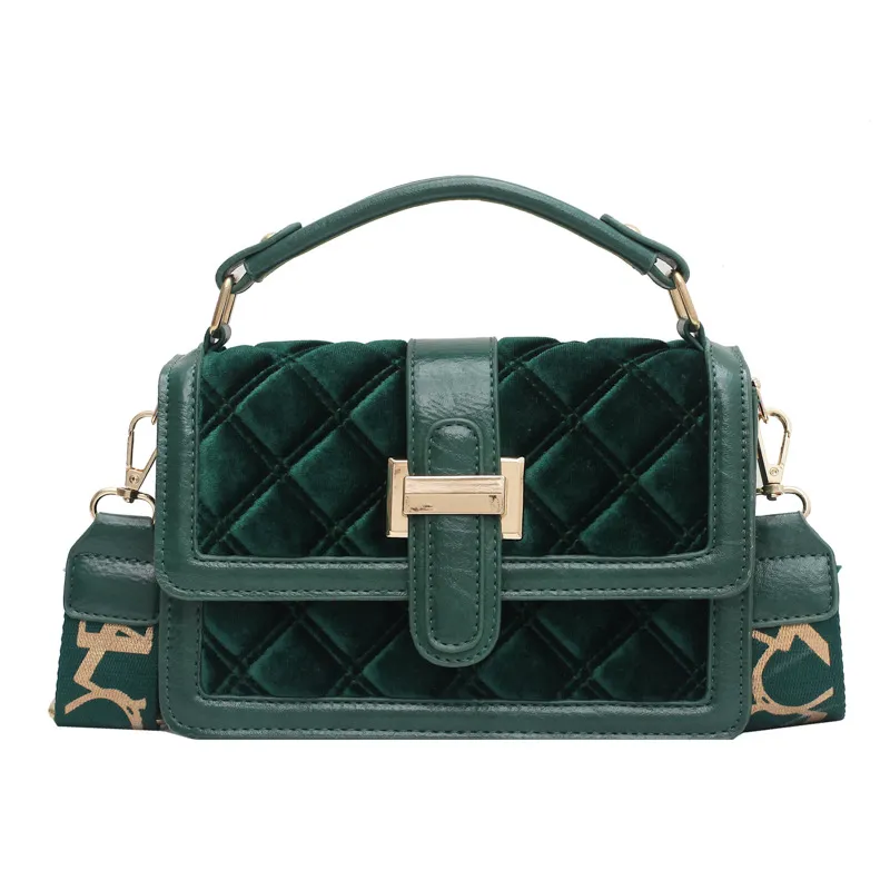 Velvet Wide Shoulder Strap Crossbody Small Square Bag - Green