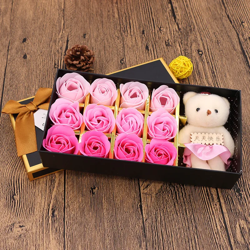 Valentine's Day Gift Box Soap Flower Tanabata Festival Creative Gift Eternal Flower 12 Bear Rose Soap Flower - Pink Gradient