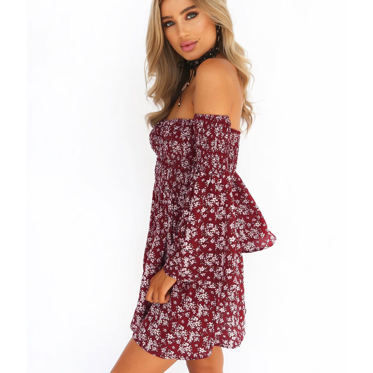Print Skirt One Line Shoulder Wrapped Chest Print Dress