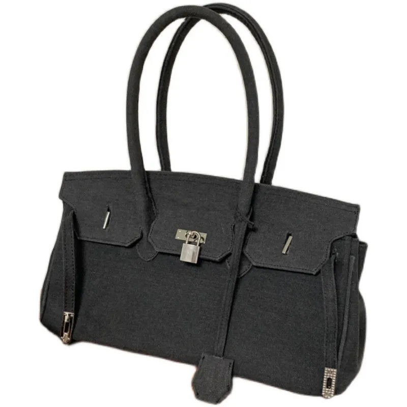 Denim Vintage Old Cloth Bag Personality Casual Underarm Bag - Black