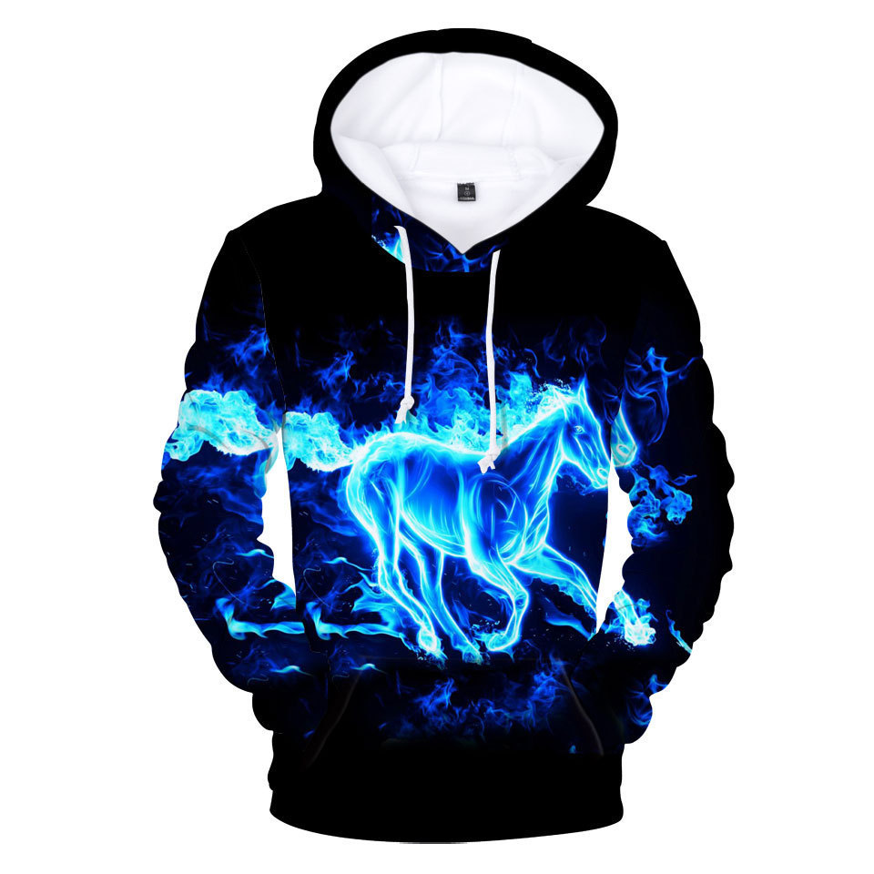Blue Flame Horse Digital Print Hoodie