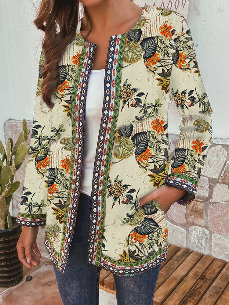 Vintage Cotton And Linen Print Loose Long-Sleeved Coat