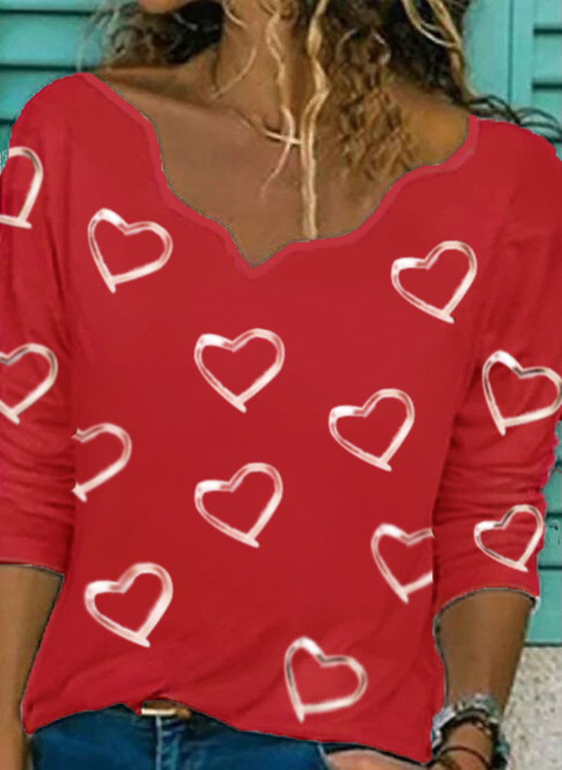 Printed V-neck Long-sleeved All-match T-shirt