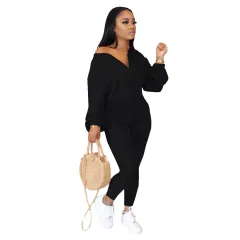 Women's Casual Loose Jumpsuit With Sloping Shoulders - Black - View 1