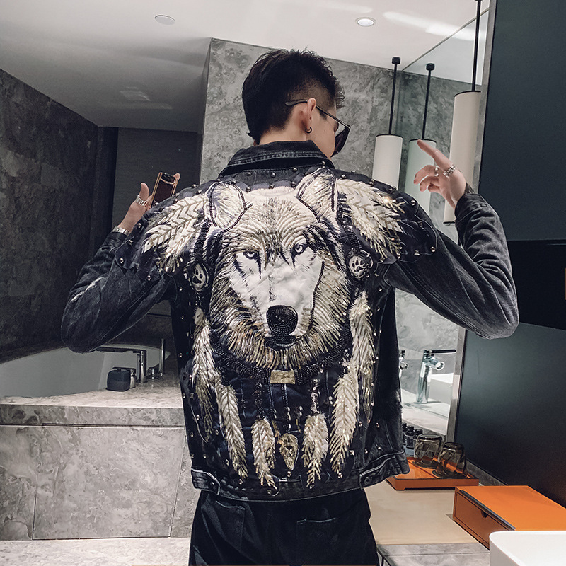 Boy Jeans Jacket Wolf Dog Embroidery Handsome Guy Slim Men's Jacket