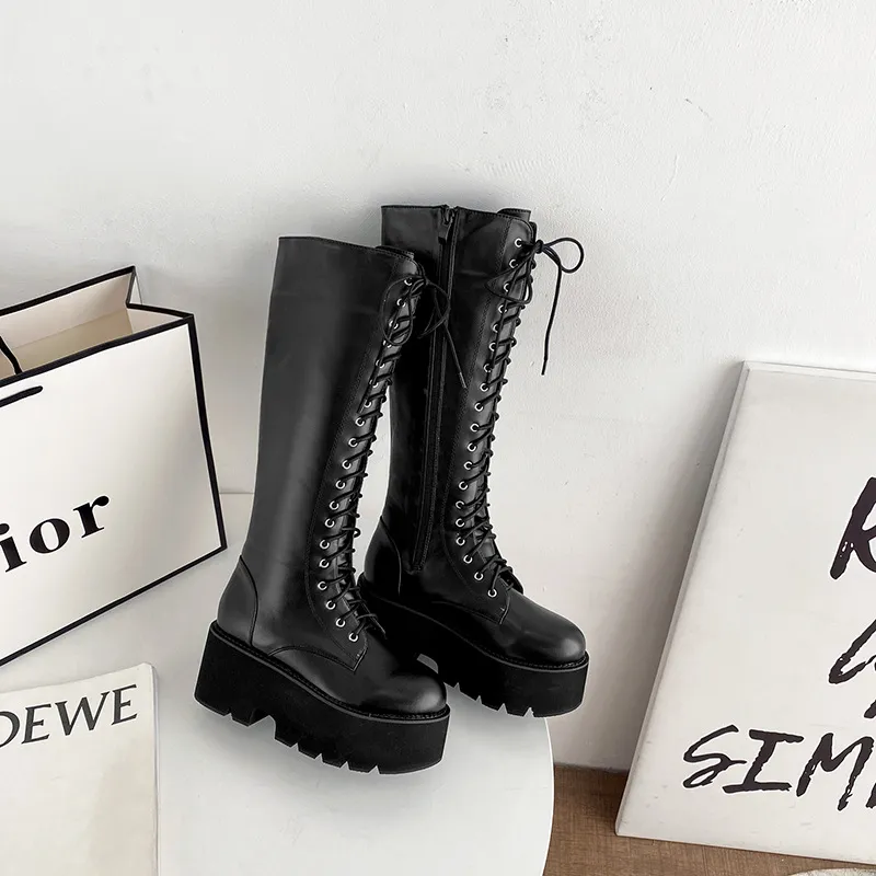 Thick Bottomed Muffin With High Boots and High-Heeled Martin Boots - Black