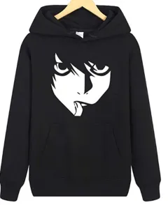 Print Loose - fitting Fleece Hoodie With Long Sleeves - Black - View 1