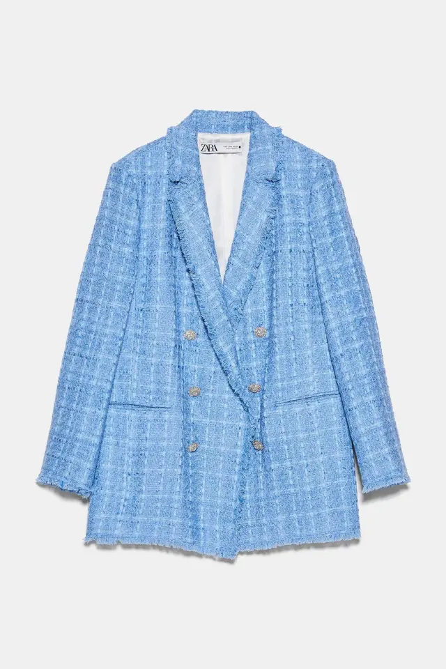 New Small Fragrance Style Tweed Check Suit Jacket Women Light Blue - Shop at LoveMi