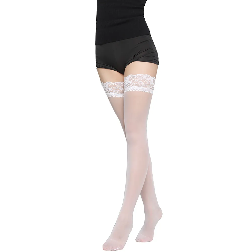 Wide Lace Tempting Beautiful Legs And Lovely Long Stockings - White