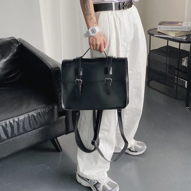 Leather Multi functional Double Shoulder Messenger Bag Black - Shop at LoveMi