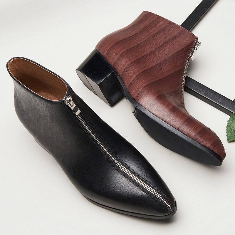 Men's Pointed Toe Leather High-Top Zipper Boots