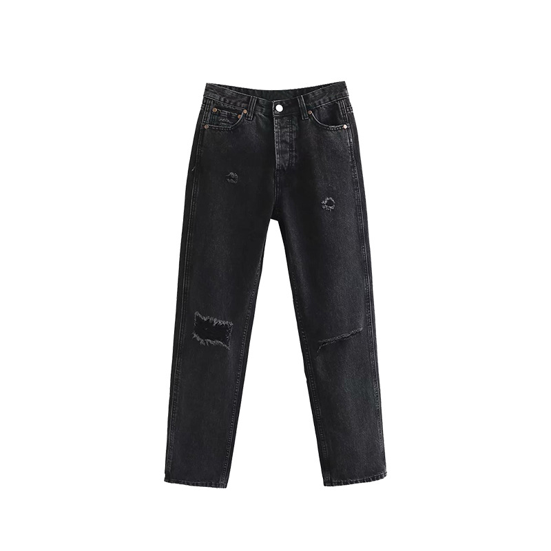 High Waist And Thin Straight Tube Slim Hole Jeans Women's Trousers Black - Shop at LoveMi