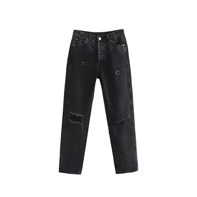 High Waist And Thin Straight Tube Slim Hole Jeans Women's Trousers Black - Shop at LoveMi