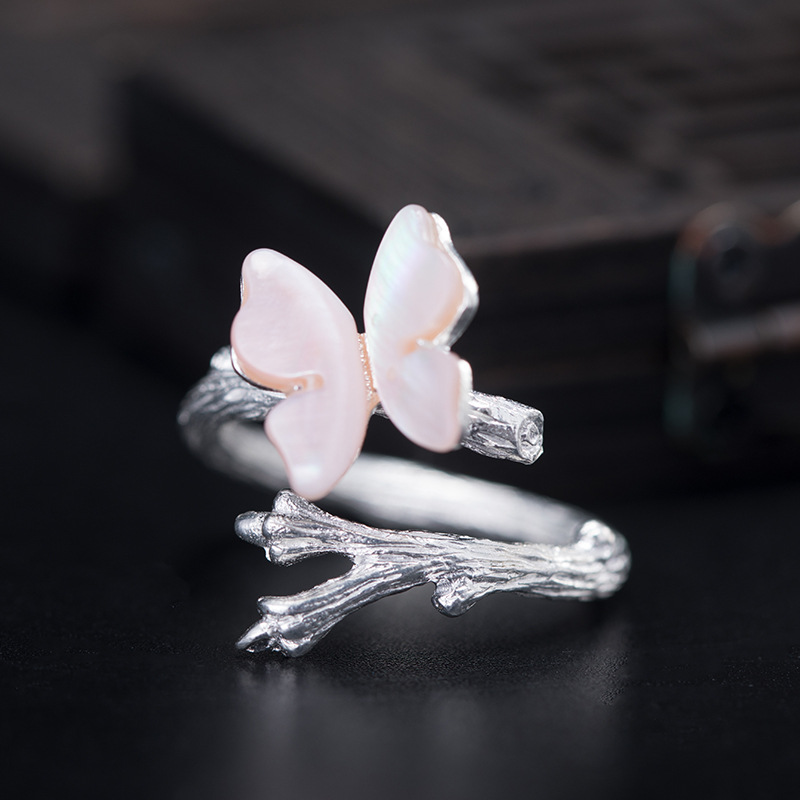 Pink Shell Butterfly Ring Female Branch S925 Silver  Ring