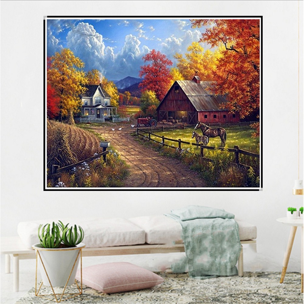 Landscape House Farm Horse Decoration Living Room Cross Stitch Stickers — image 1