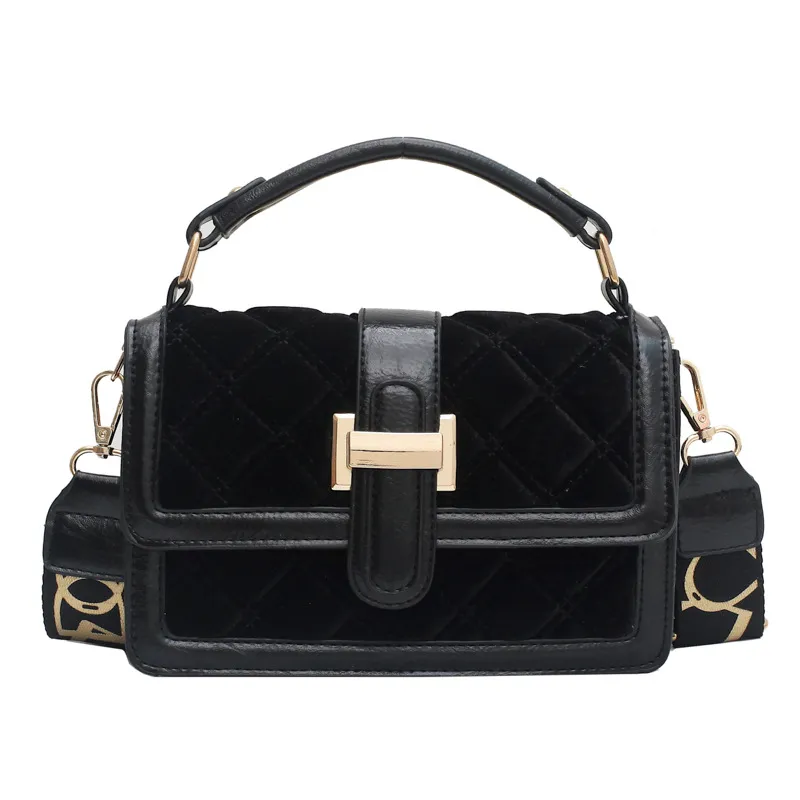 Velvet Wide Shoulder Strap Crossbody Small Square Bag - Black