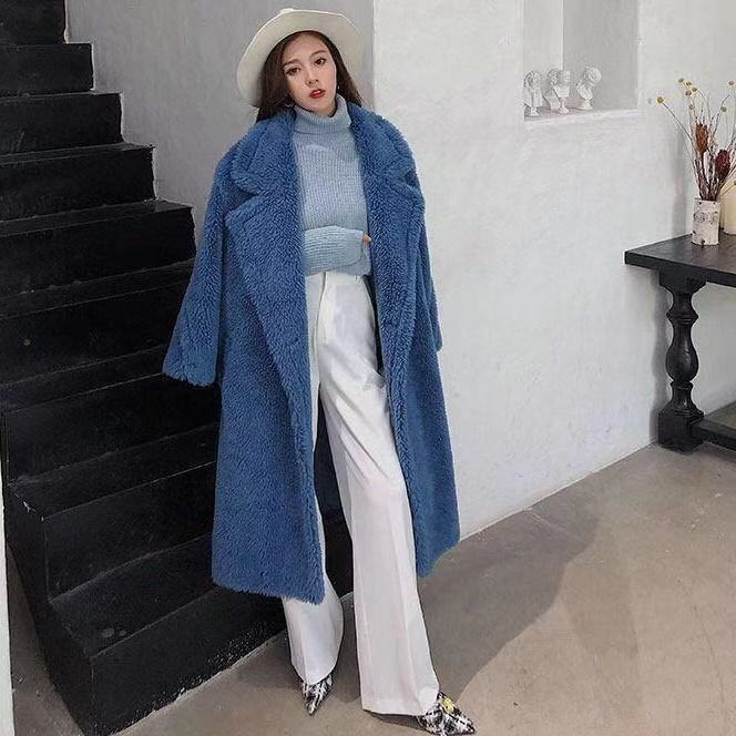Women's Fur And Lamb Woolen Long Coat Blue - Shop at LoveMi
