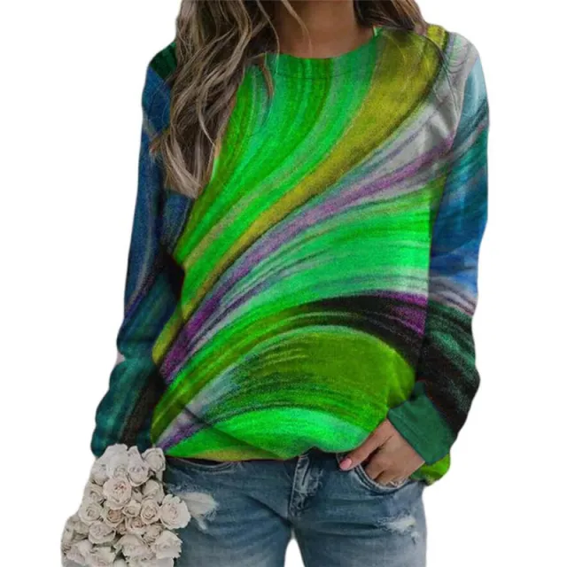 Loose Color Print Pullover Round Neck Long Sleeve Women's T shirt Green - Shop at LoveMi